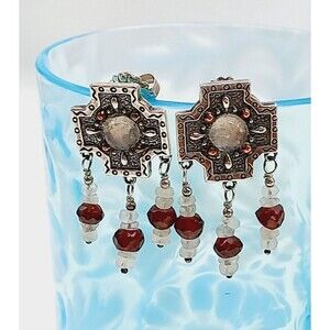 Carolyn Pollack Relios Sterling Crystal Garnet Bead Copper Accent Dangle Earring